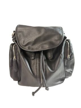 Expressions NYC Black Faux Leather Drawstring Backpack Purse Multi Pocket
